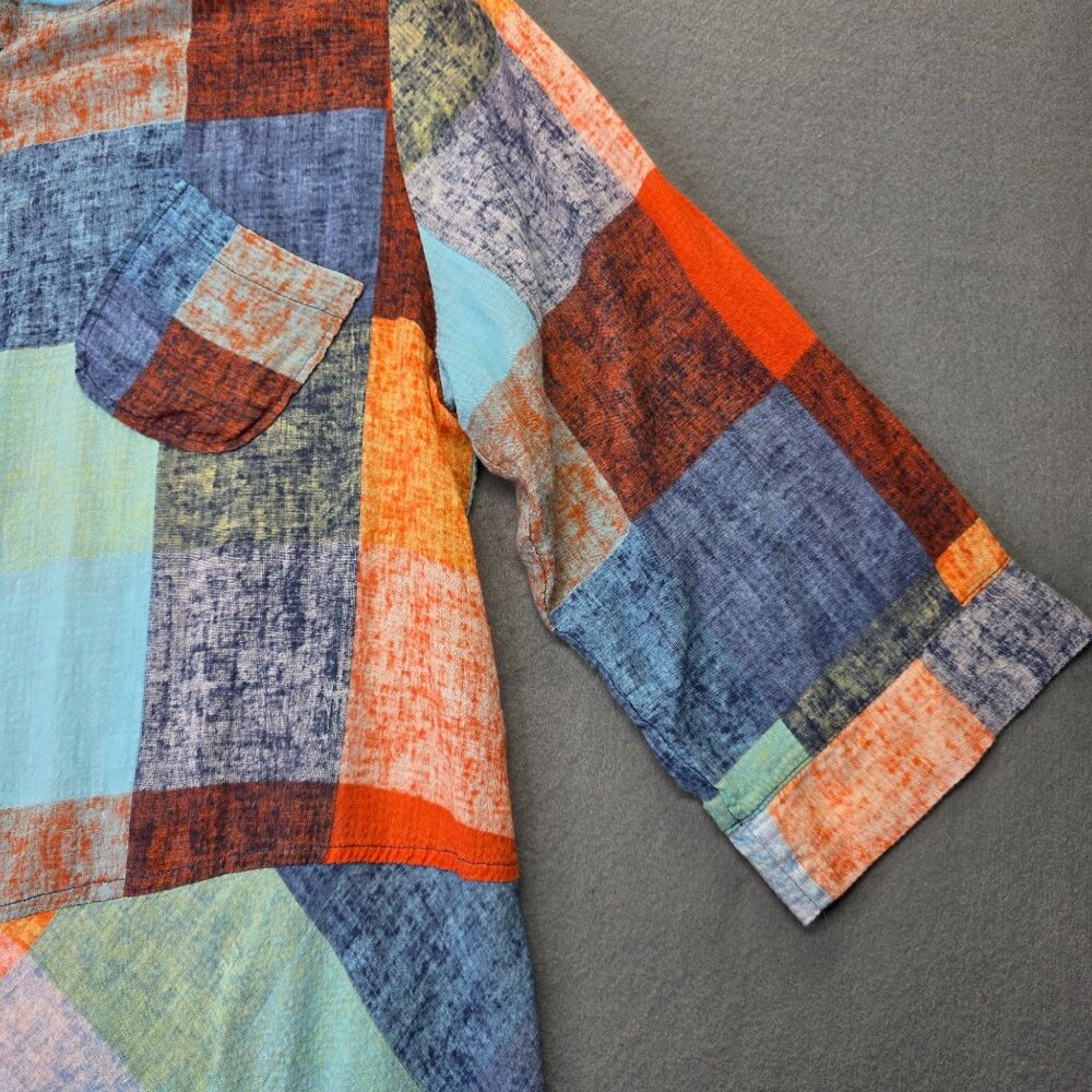 Terra Shirt Womens L Colorful Patchwork Wire Ruffle Collar Boho Tunic SJ Apparel - Picture 6 of 15